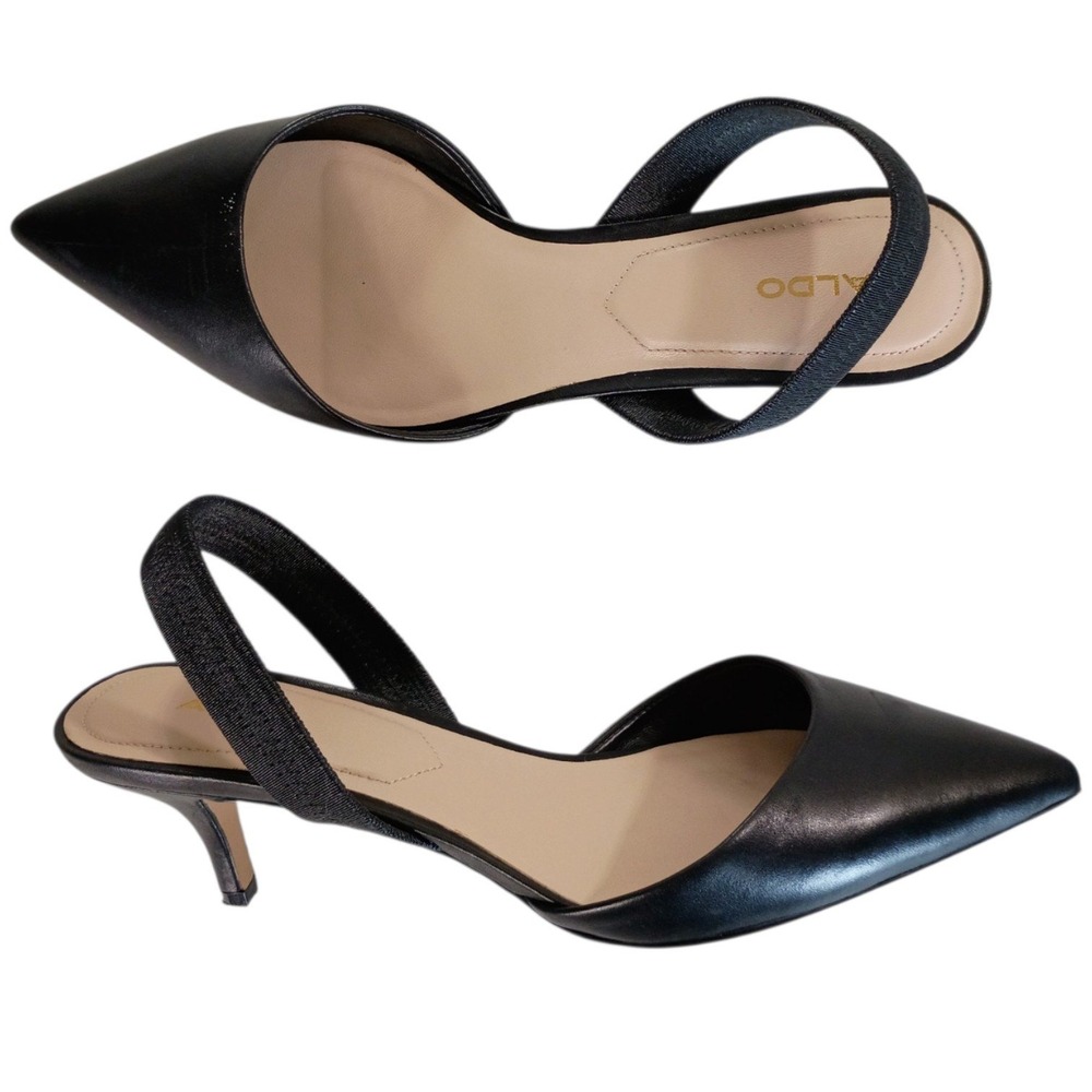 Aldo Womens Black Leather Pointed Toe Slingback Kitten Heels Size 8.5